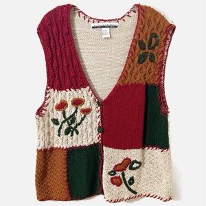 Vintage Bon Magique Multicolor Patchwork V-Neck Sweater Vest Embroidered Florals
